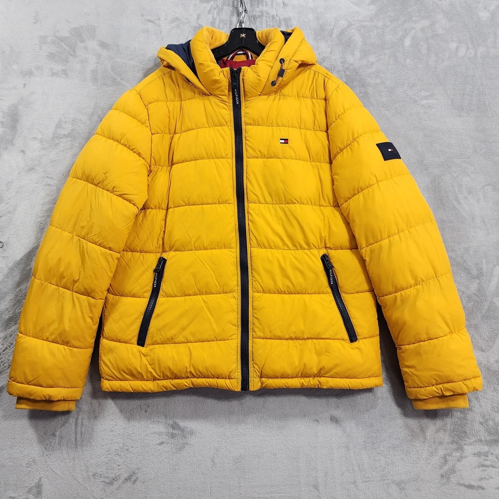 Tommy Hilfiger Jacket Mens XL Yellow Puffer Hooded Water Resistant Winter Warm